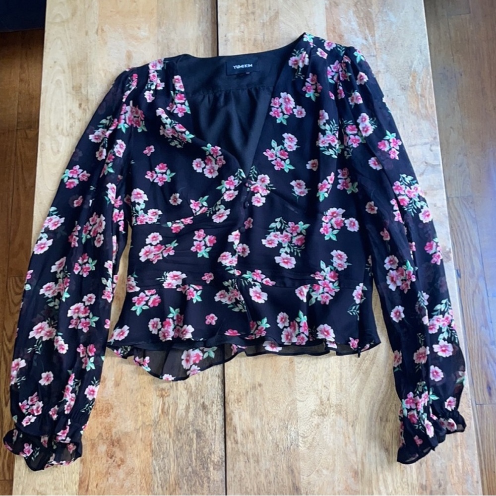 Yumi Kim Coco top XL long sleeve v-neck peplum ruffle top black pink floral new